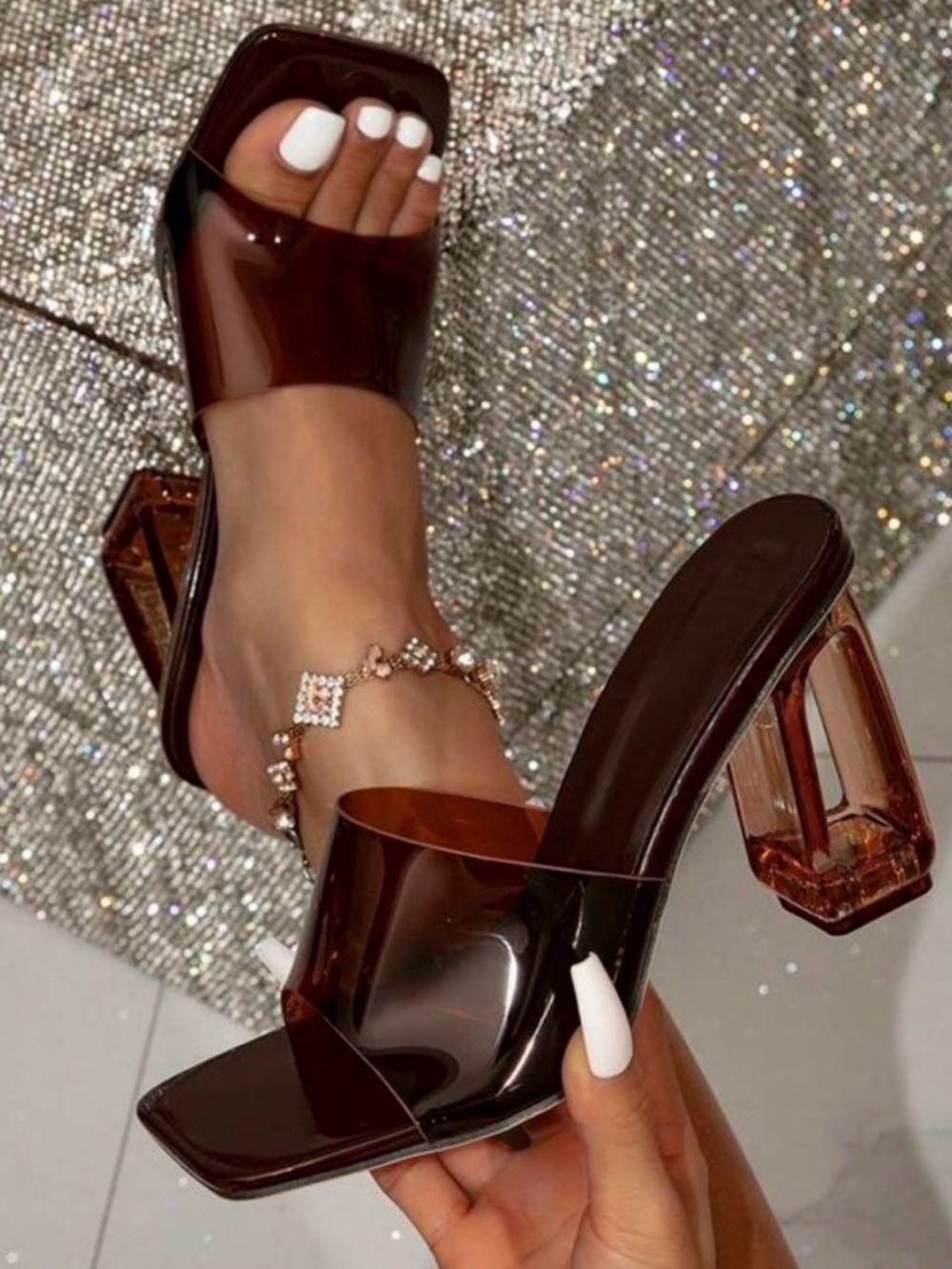 Clear Brown Block Heel Slide Sandals - Women